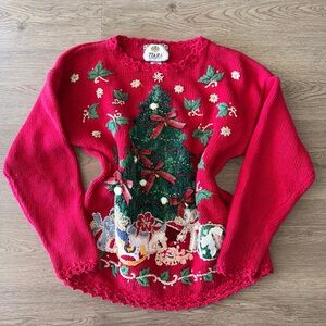 90s Tiara International Christmas Tree, Bells, Bow Embroidery Red Sweater Large